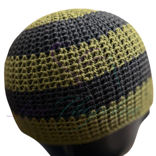 Dark Green & Black Handmade Crochet Kufi Hat | Taqiyah Skull Cap