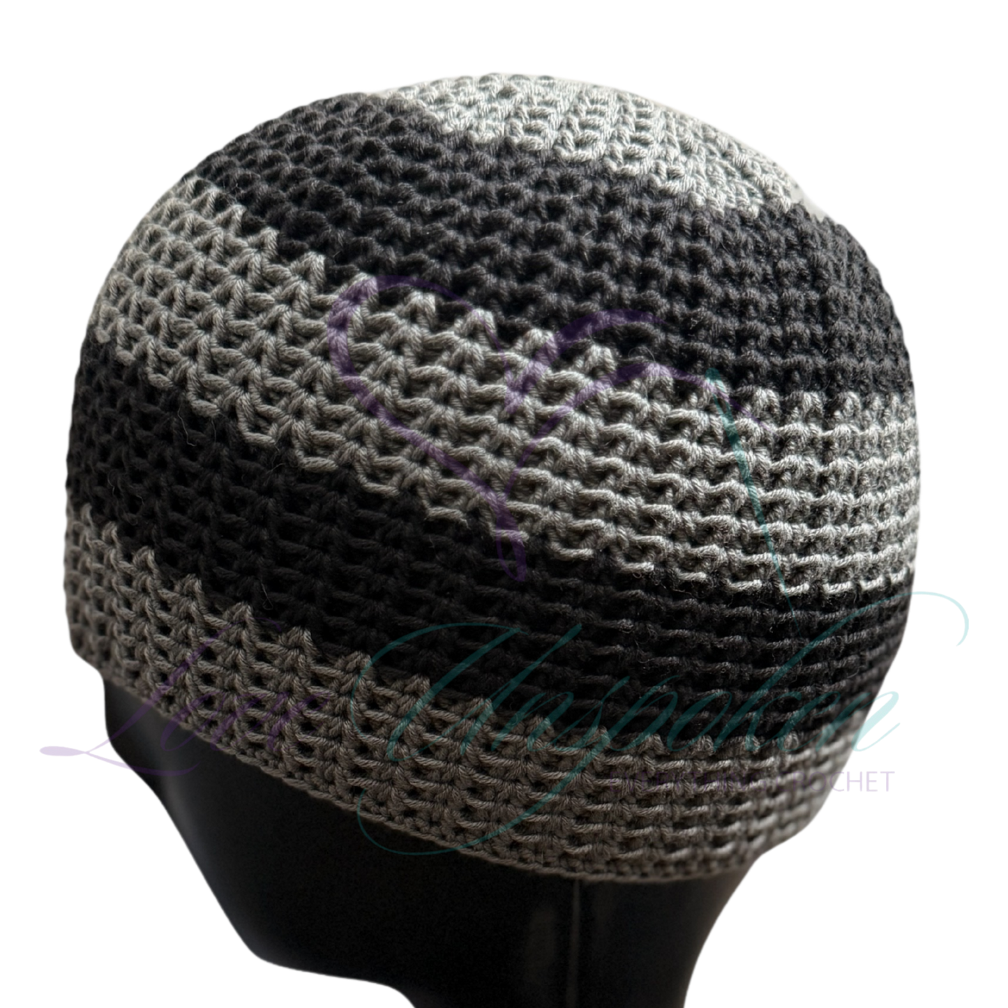 Grey & Black Handmade Crochet Kufi Hat | Taqiyah Skull Cap