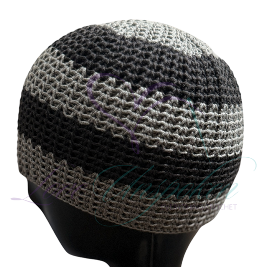Grey & Black Handmade Crochet Kufi Hat | Taqiyah Skull Cap