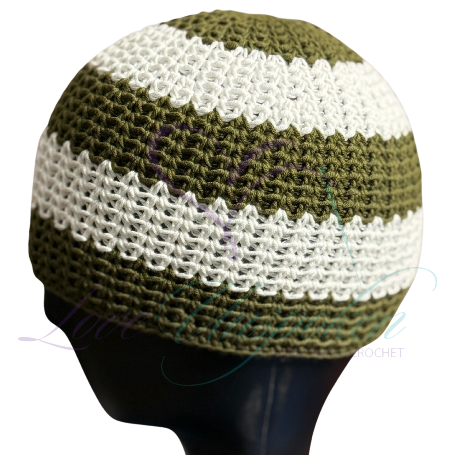 Green & White Handmade Crochet Kufi Hat | Taqiyah Skull Cap