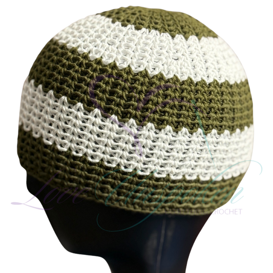 Green & White Handmade Crochet Kufi Hat | Taqiyah Skull Cap