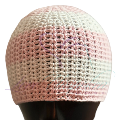 Pink & White Handmade Crochet Kufi Hat | Taqiyah Skull Cap