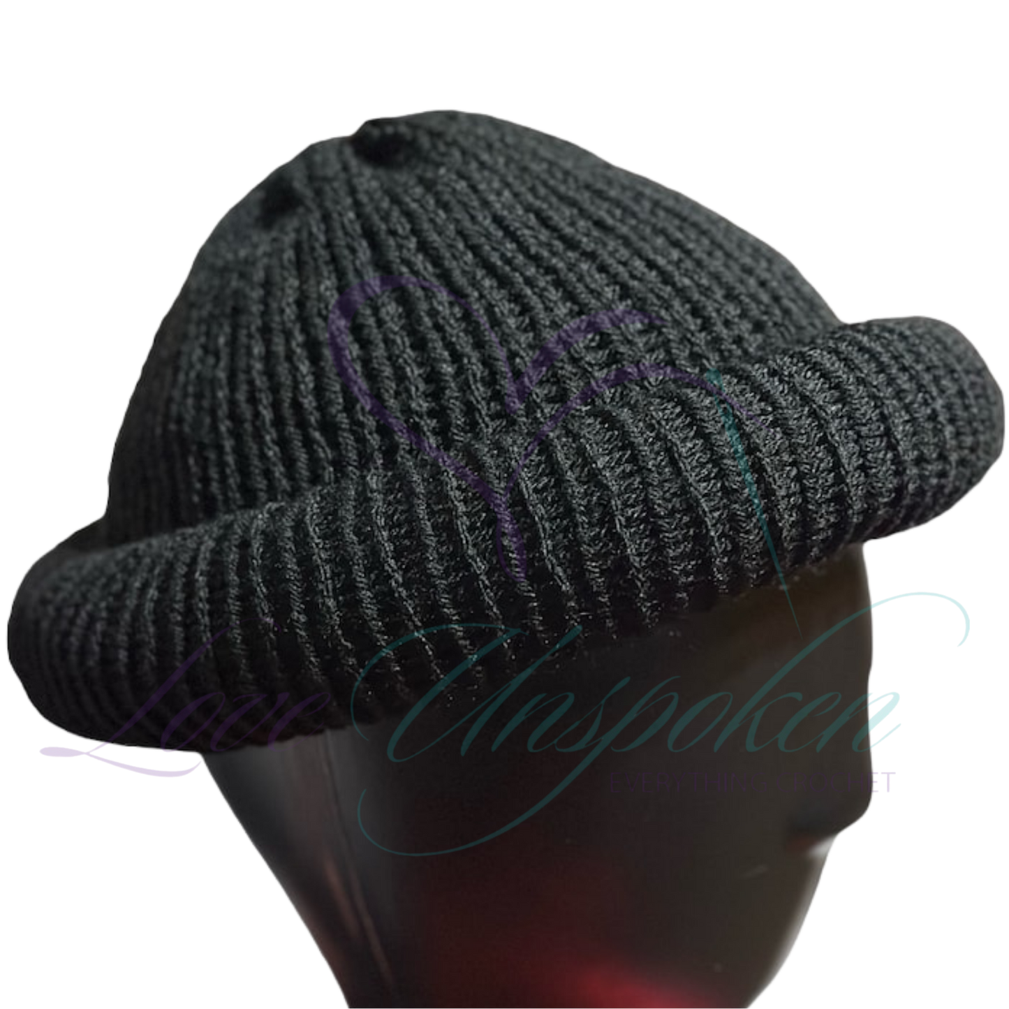 Black Handmade Knit Roll-Up Beanie | Crochet Fisherman Cap