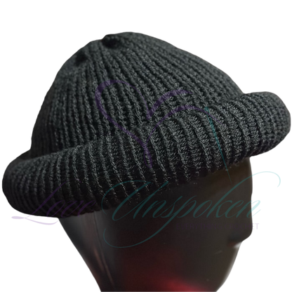 Black Handmade Knit Roll-Up Beanie | Crochet Fisherman Cap