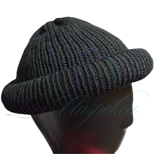 Black Handmade Knit Roll-Up Beanie | Crochet Fisherman Cap