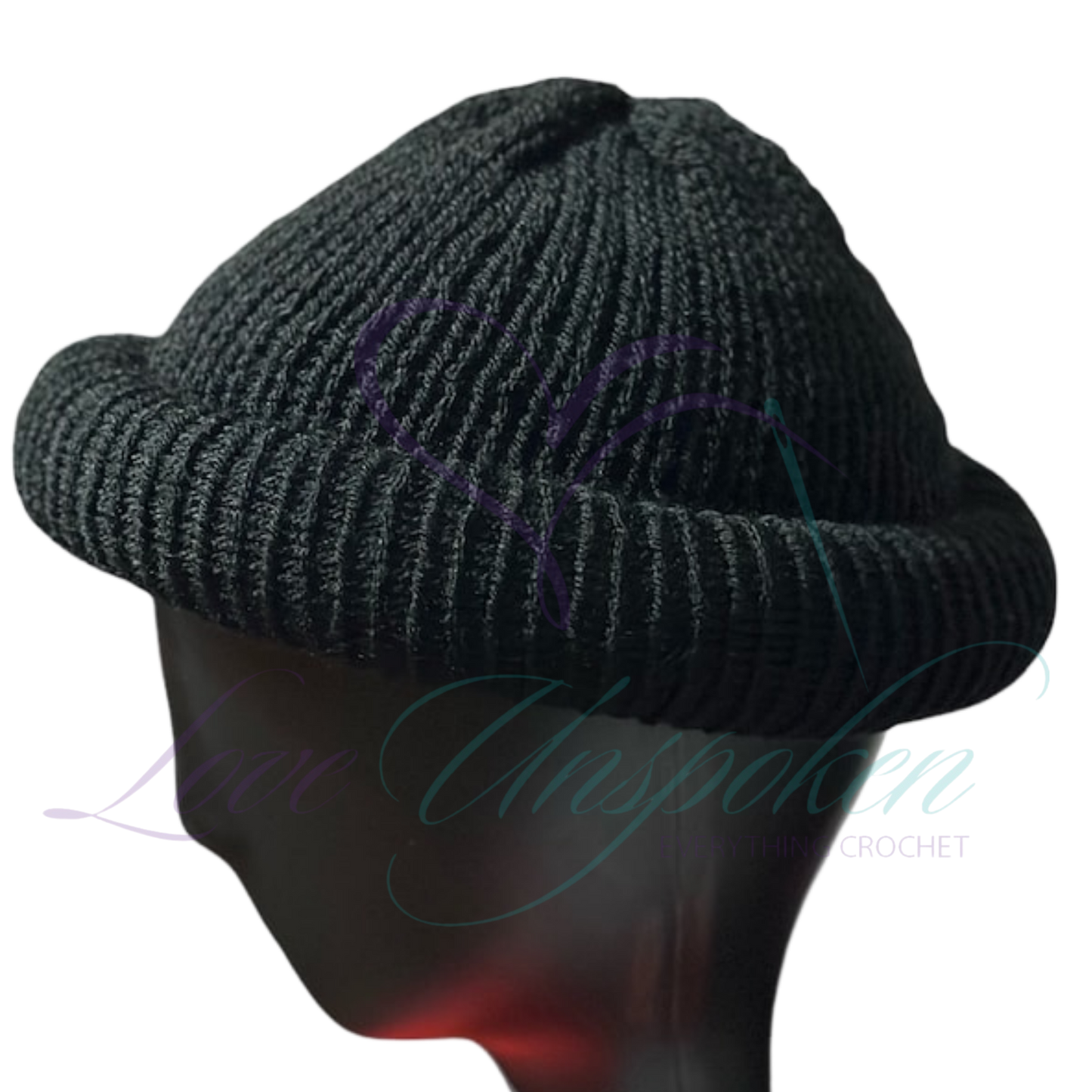 Black Handmade Knit Roll-Up Beanie | Crochet Fisherman Cap