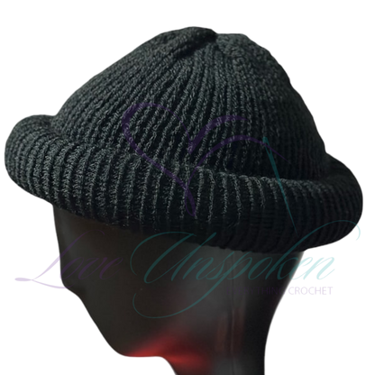 Black Handmade Knit Roll-Up Beanie | Crochet Fisherman Cap