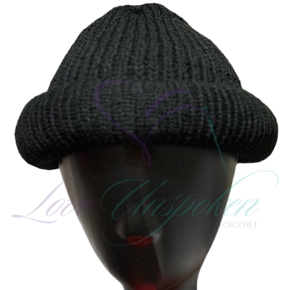 Black Handmade Knit Roll-Up Beanie | Crochet Fisherman Cap