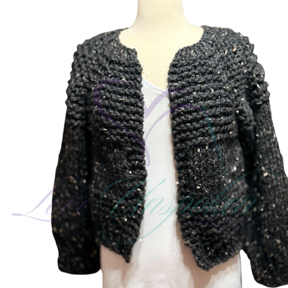 Handmade Crop Black Wool Cardigan | Crochet Open-Front Jacket
