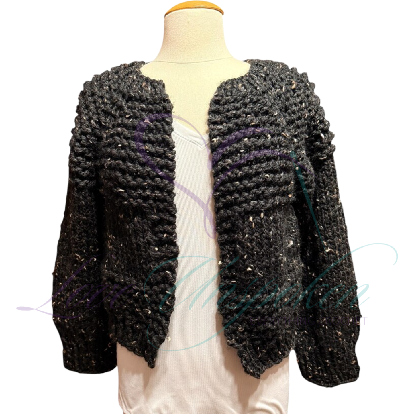 Handmade Crop Black Wool Cardigan | Crochet Open-Front Jacket