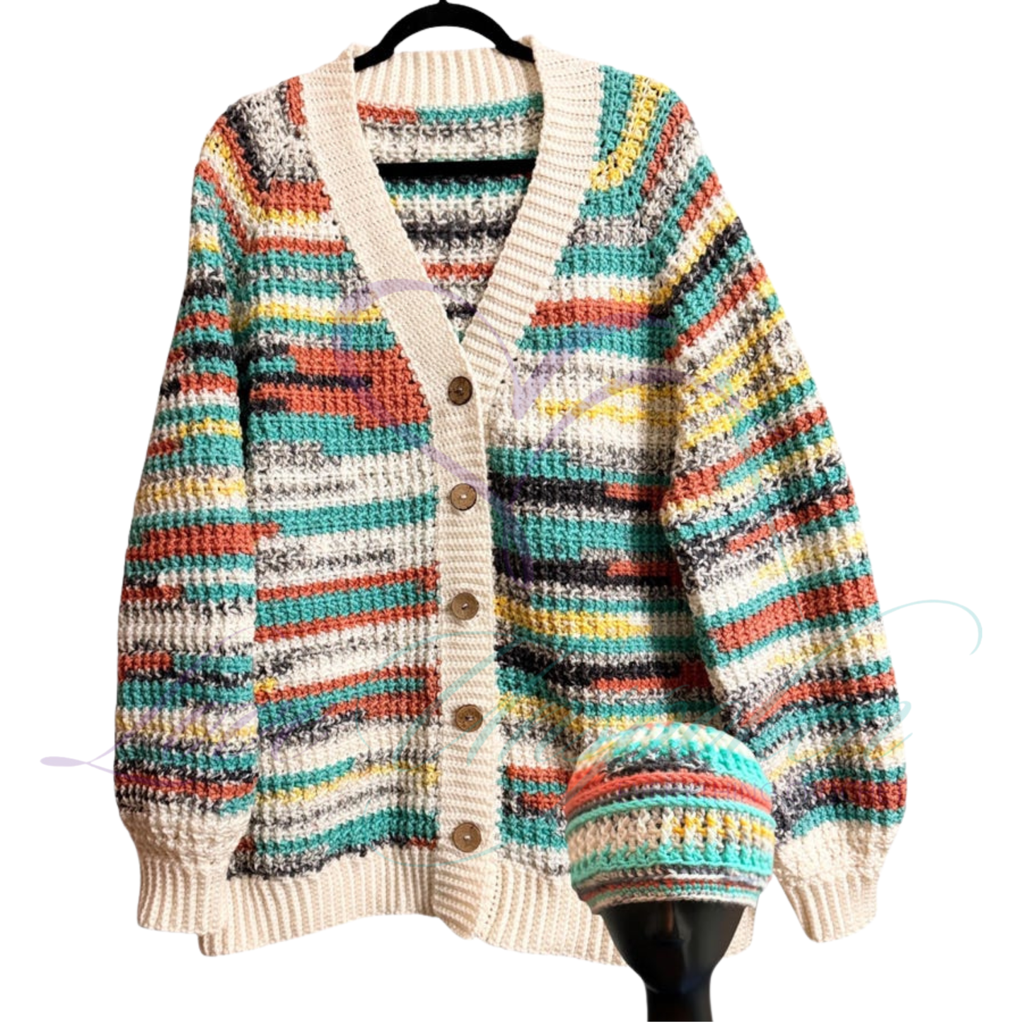 Multi Color Crocheted Variegated Cardigan and Hat Set