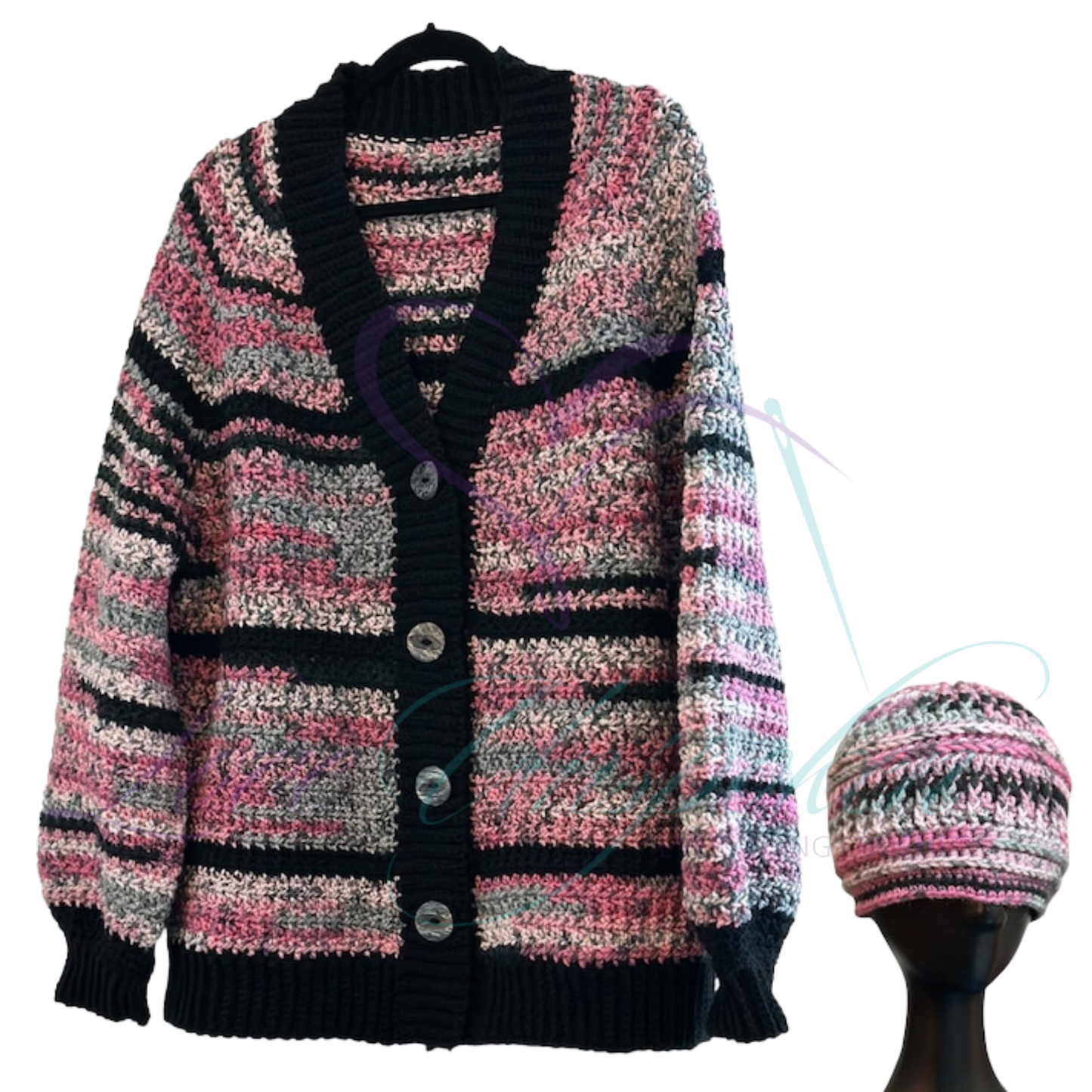 Handmade Maxi Multi-Color Variegated Crochet Cardigan and Hat Set