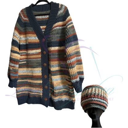 Handmade Multi-Color Variegated Crochet Cardigan and Hat Set | Wearable Art