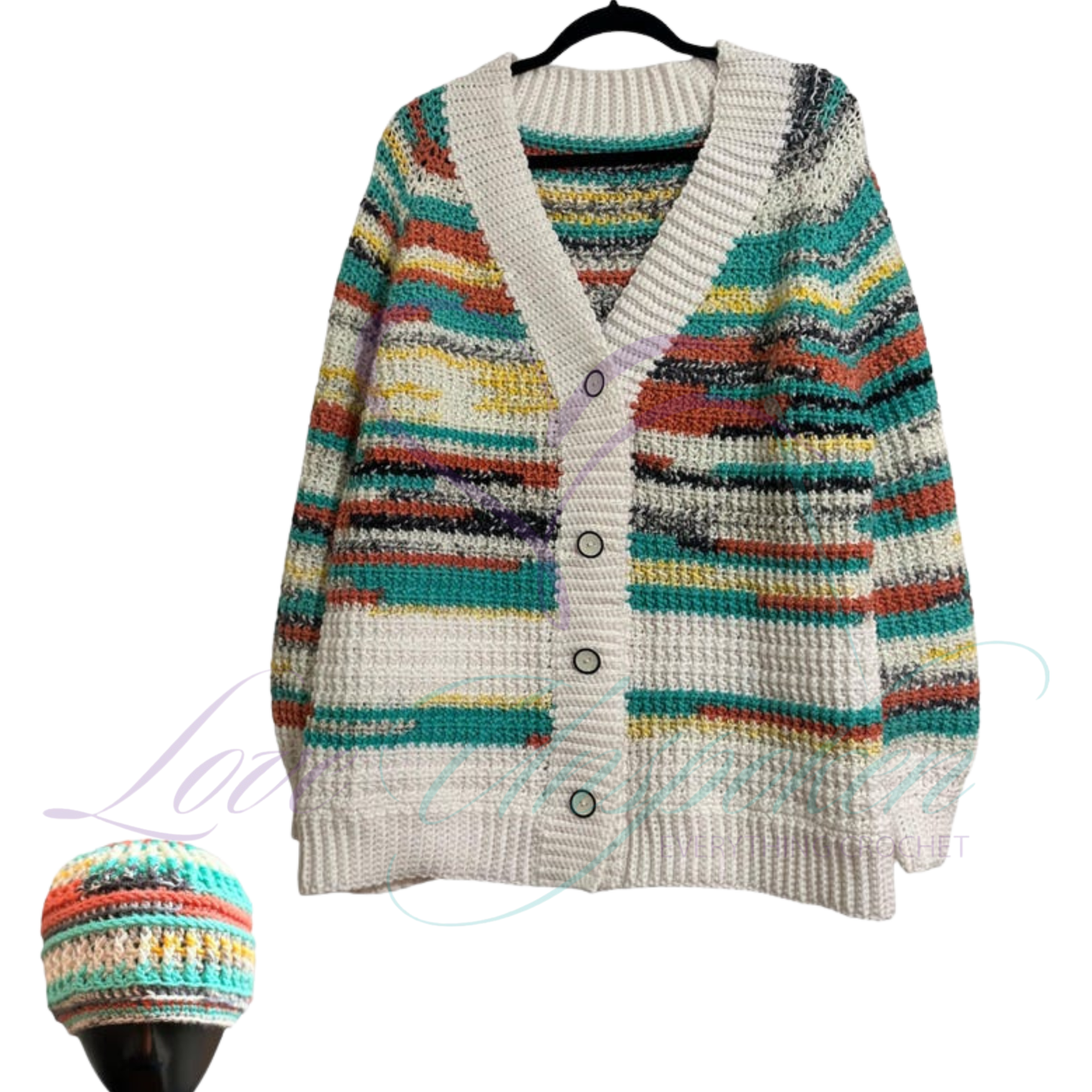 Multi Color Crocheted Variegated Cardigan and Hat Set