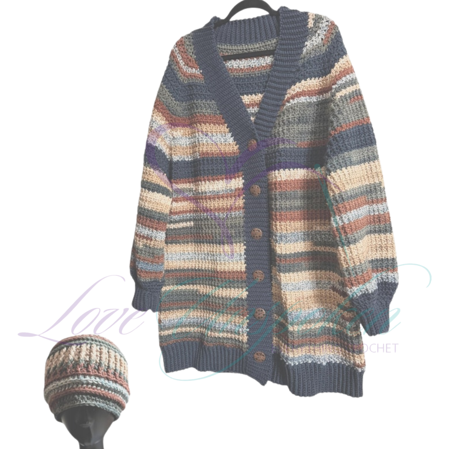 Handmade Multi-Color Variegated Crochet Cardigan and Hat Set | Wearable Art