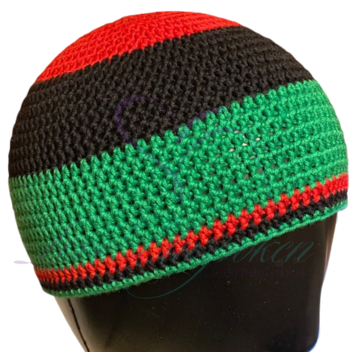 Red, Black & Green Handmade Crochet Kufi Hat | Pan-African Skull Cap